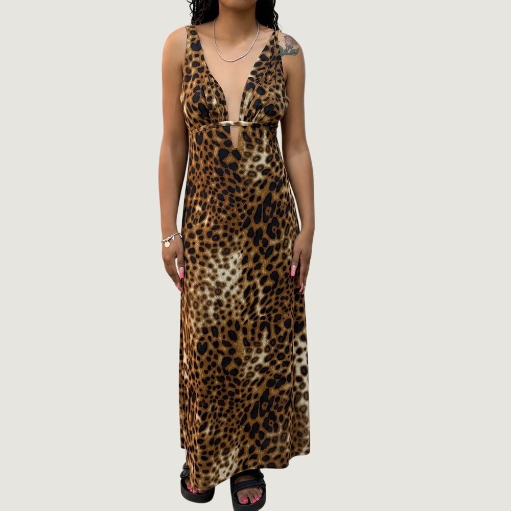 Natori Leopard Maxi Dress S Dramatic Plunge V Neck Animal Print Y2K Mob Wife